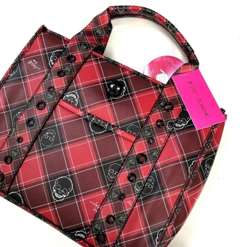 ❤️🔹️BETSEY JOHNSON🔹️ red Plaid Skull Tote w/ coin pouch XOLOLO - Picture 10 of 12